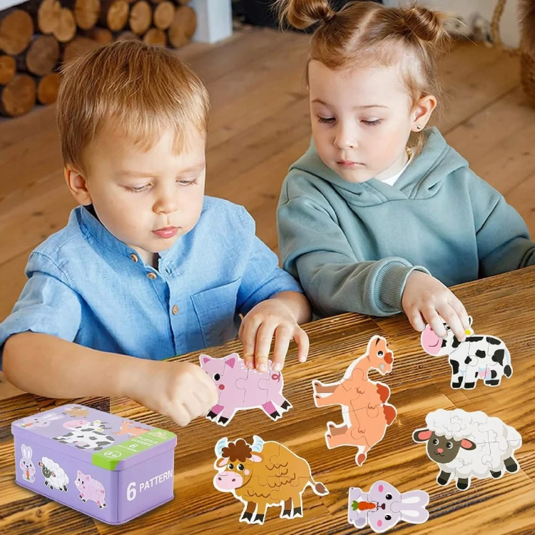 Edukacyjne Puzzle Kartonowe Zwierzątka z Farmy w Metalowej Puszce  - 28 Elementów od 3+