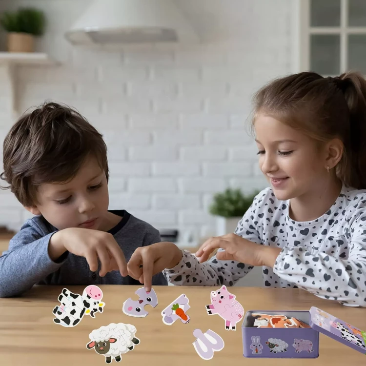 Edukacyjne Puzzle Kartonowe Zwierzątka z Farmy w Metalowej Puszce  - 28 Elementów od 3+