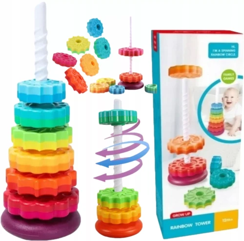 Tęczowa Wieża Rainbow Tower 40 cm – Edukacyjna Piramida Sensoryczna Montessori
