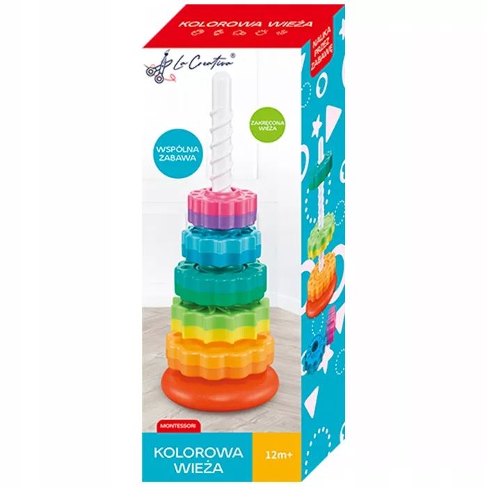 Tęczowa Wieża Rainbow Tower 40 cm – Edukacyjna Piramida Sensoryczna Montessori