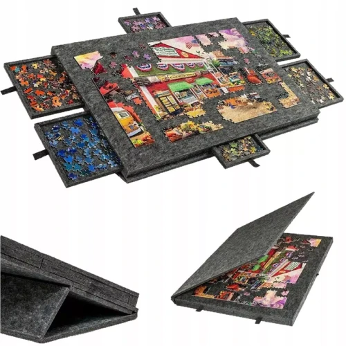 Drewniany Stolik do Puzzli 2w1 z Matą Filcową i 6 Szufladami Organizera 77x54 cm