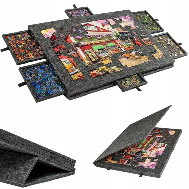 Drewniany Stolik do Puzzli 2w1 z Matą Filcową i 6 Szufladami Organizera 77x54 cm