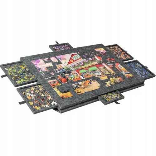 Drewniany Stolik do Puzzli 2w1 z Matą Filcową i 6 Szufladami Organizera 77x54 cm