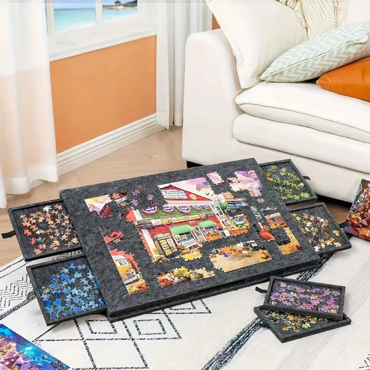 Drewniany Stolik do Puzzli 2w1 z Matą Filcową i 6 Szufladami Organizera 77x54 cm