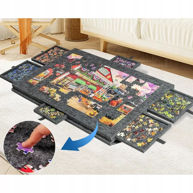Drewniany Stolik do Puzzli 2w1 z Matą Filcową i 6 Szufladami Organizera 77x54 cm