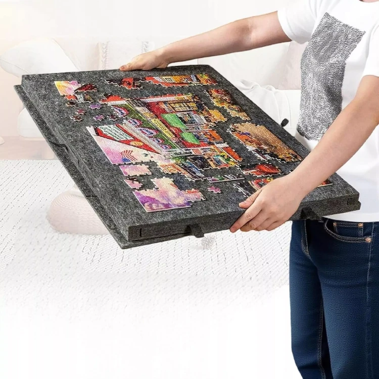 Drewniany Stolik do Puzzli 2w1 z Matą Filcową i 6 Szufladami Organizera 77x54 cm
