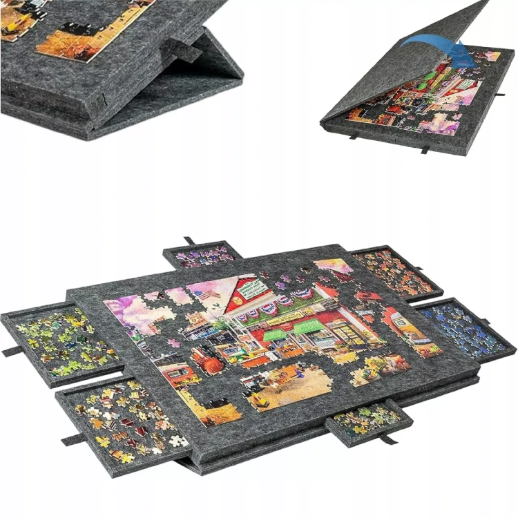 Drewniany Stolik do Puzzli 2w1 z Matą Filcową i 6 Szufladami Organizera 77x54 cm