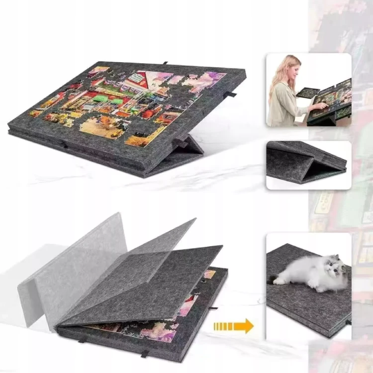 Drewniany Stolik do Puzzli 2w1 z Matą Filcową i 6 Szufladami Organizera 77x54 cm