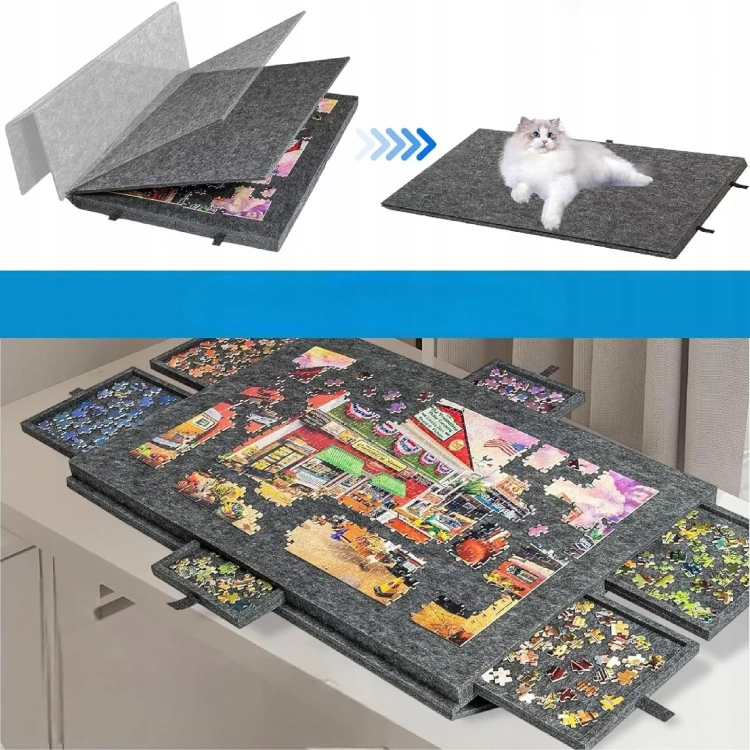 Drewniany Stolik do Puzzli 2w1 z Matą Filcową i 6 Szufladami Organizera 77x54 cm