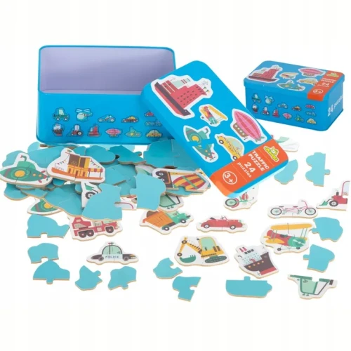Moje Pierwsze Grube Puzzle Pojazdy – 24 Układanki w Kolorowej Puszce (48 elementów)