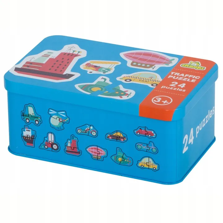 Moje Pierwsze Grube Puzzle Pojazdy – 24 Układanki w Kolorowej Puszce (48 elementów)