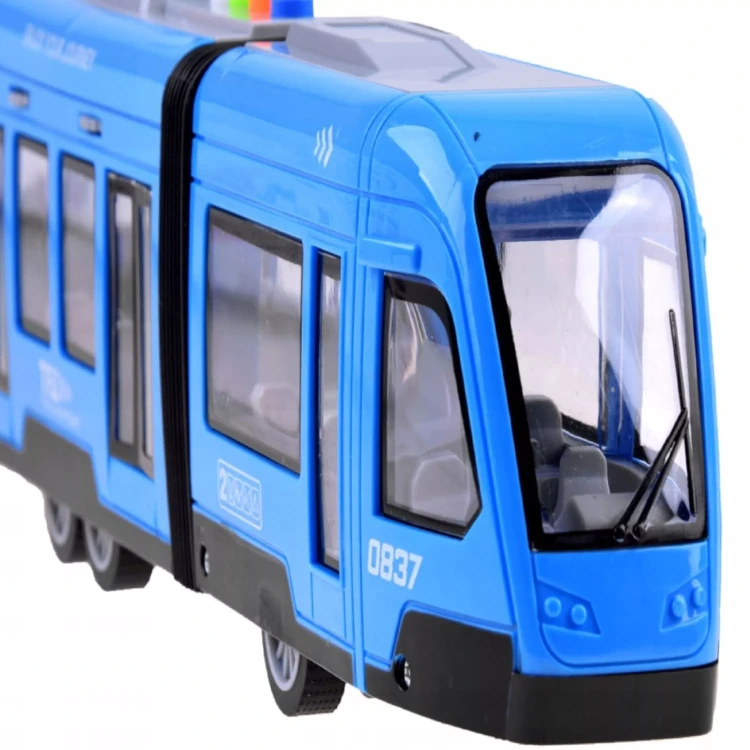 Duży Interaktywny Tramwaj Miejski – Niebieski Pojazd z Napędem, Światłem i Dźwiękiem