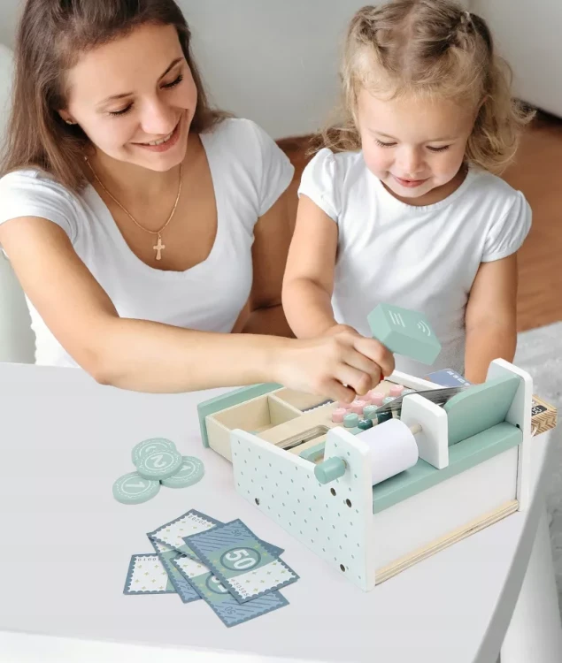 Drewniana Kasa Sklepowa z Akcesoriami – Edukacyjny Zestaw do Zabawy w Sklep