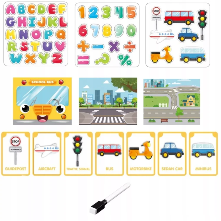 Edukacyjna Tablica Magnetyczna Suchościeralna 2w1 – Litery, Cyfry i Motyw Środków Transportu