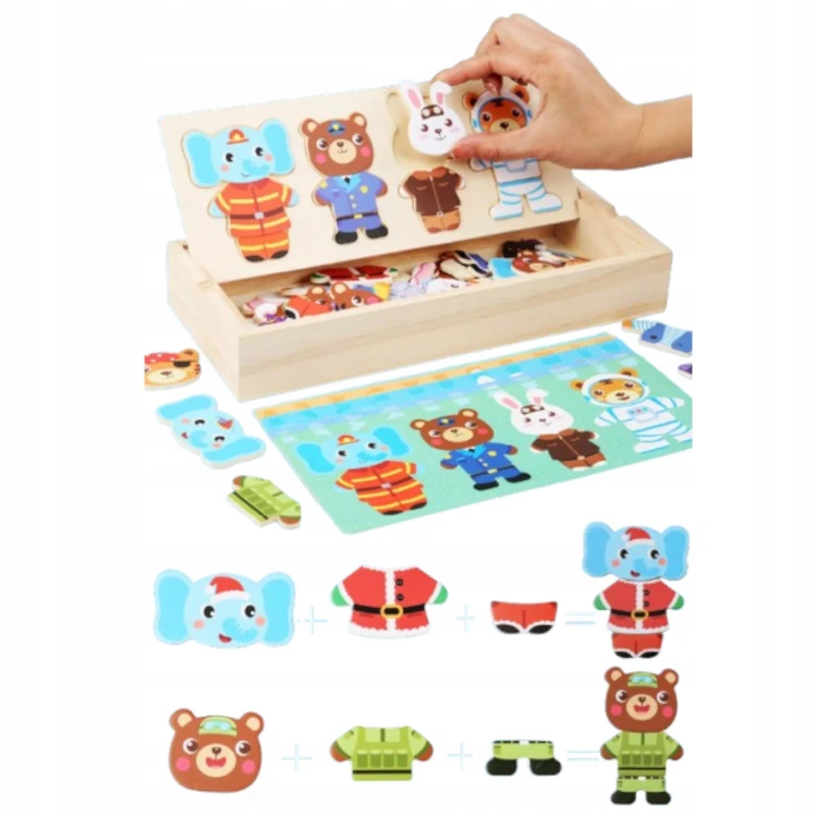 Drewniana Układanka Ubieranka „Rodzinka Misiów” – Sorter Emocji w Skrzynce (74 elementy)