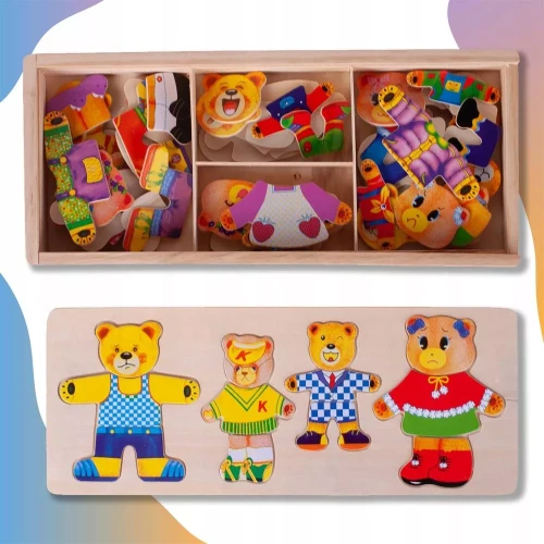 Drewniana Układanka Ubieranka „Rodzinka Misiów” – Sorter Emocji w Skrzynce (74 elementy)