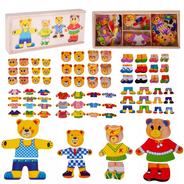 Drewniana Układanka Ubieranka „Rodzinka Misiów” – Sorter Emocji w Skrzynce (74 elementy)