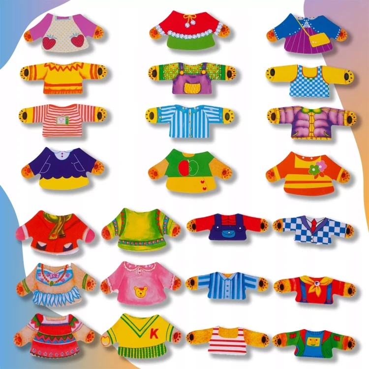 Drewniana Układanka Ubieranka „Rodzinka Misiów” – Sorter Emocji w Skrzynce (74 elementy)