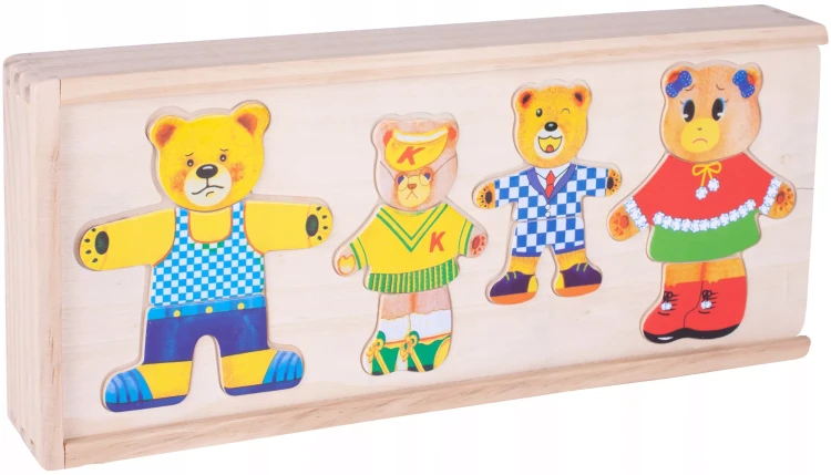 Drewniana Układanka Ubieranka „Rodzinka Misiów” – Sorter Emocji w Skrzynce (74 elementy)