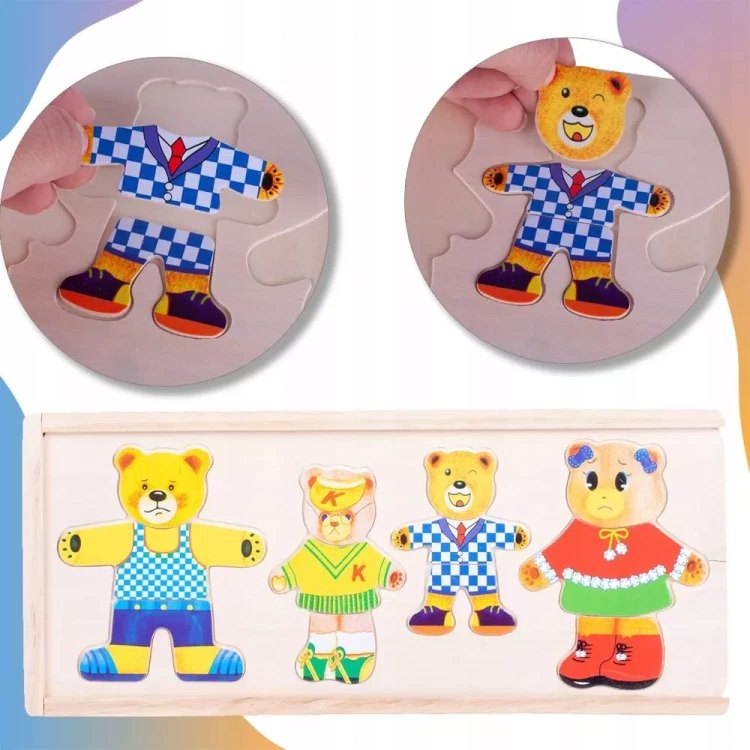 Drewniana Układanka Ubieranka „Rodzinka Misiów” – Sorter Emocji w Skrzynce (74 elementy)