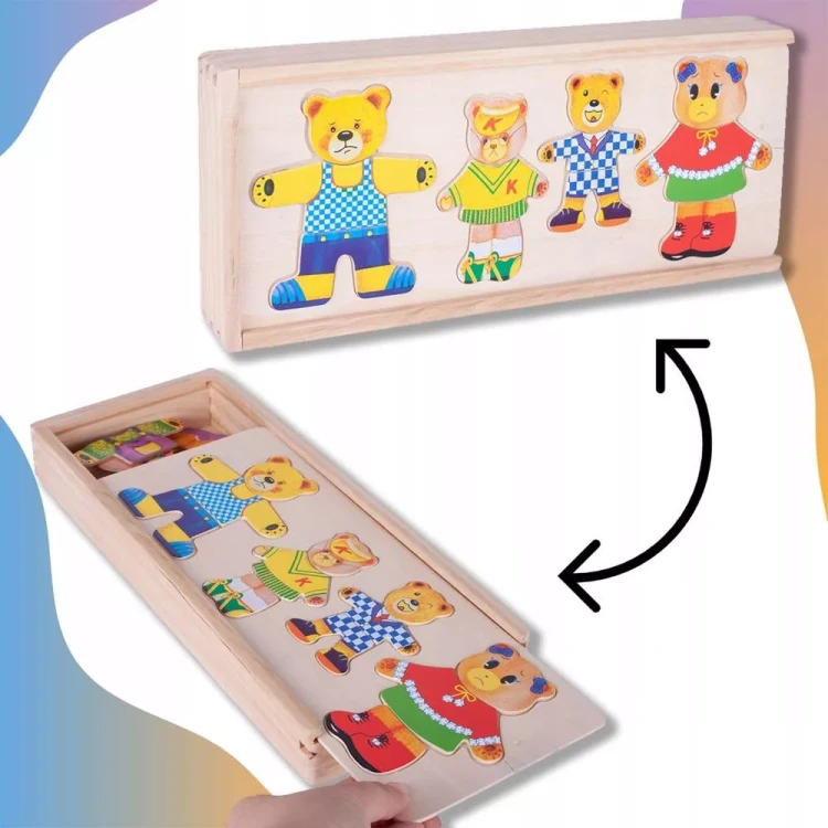 Drewniana Układanka Ubieranka „Rodzinka Misiów” – Sorter Emocji w Skrzynce (74 elementy)