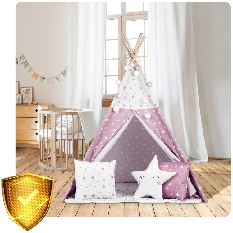 Indiański Namiot Tipi dla Dzieci Nukido – Bawełniany Wigwam z Matą i Akcesoriami 120 x 120 x 165 cm - różowy w gwiazdki