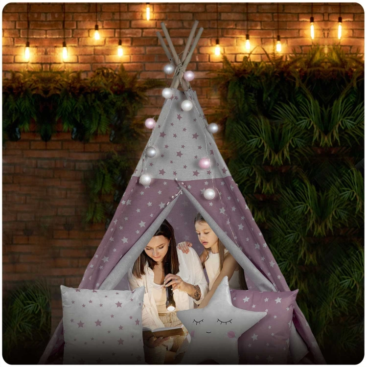 Indiański Namiot Tipi dla Dzieci Nukido – Bawełniany Wigwam z Matą i Akcesoriami 120 x 120 x 165 cm - różowy w gwiazdki