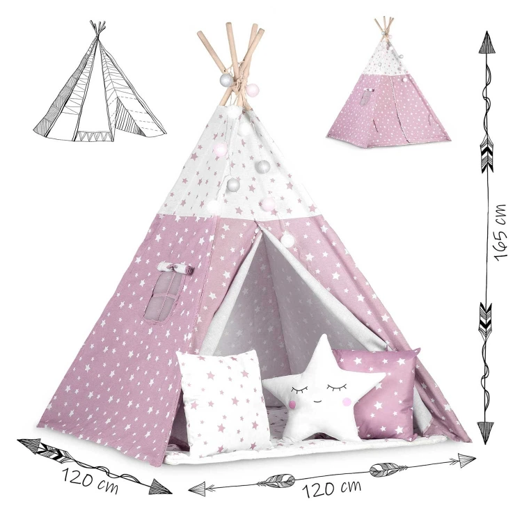 Indiański Namiot Tipi dla Dzieci Nukido – Bawełniany Wigwam z Matą i Akcesoriami 120 x 120 x 165 cm - różowy w gwiazdki