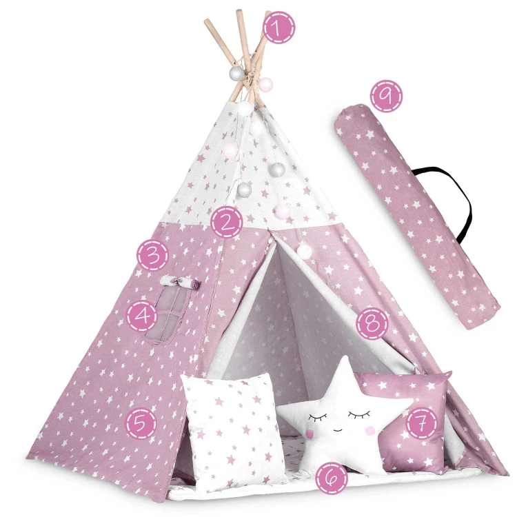 Indiański Namiot Tipi dla Dzieci Nukido – Bawełniany Wigwam z Matą i Akcesoriami 120 x 120 x 165 cm - różowy w gwiazdki