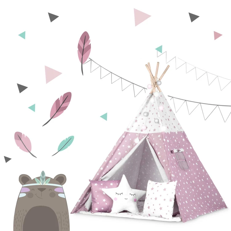 Indiański Namiot Tipi dla Dzieci Nukido – Bawełniany Wigwam z Matą i Akcesoriami 120 x 120 x 165 cm - różowy w gwiazdki