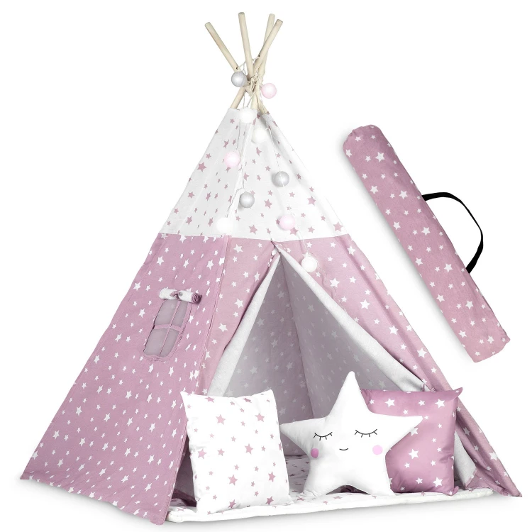 Indiański Namiot Tipi dla Dzieci Nukido – Bawełniany Wigwam z Matą i Akcesoriami 120 x 120 x 165 cm - różowy w gwiazdki