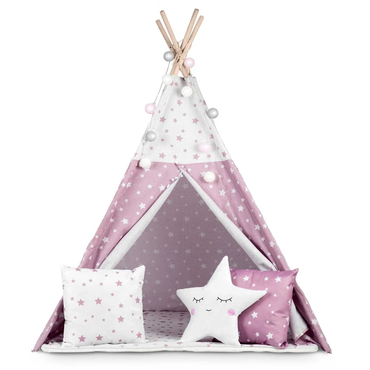 Indiański Namiot Tipi dla Dzieci Nukido – Bawełniany Wigwam z Matą i Akcesoriami 120 x 120 x 165 cm - różowy w gwiazdki