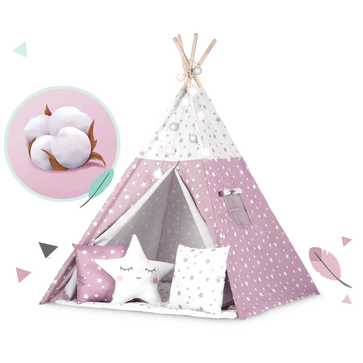 Indiański Namiot Tipi dla Dzieci Nukido – Bawełniany Wigwam z Matą i Akcesoriami 120 x 120 x 165 cm - różowy w gwiazdki