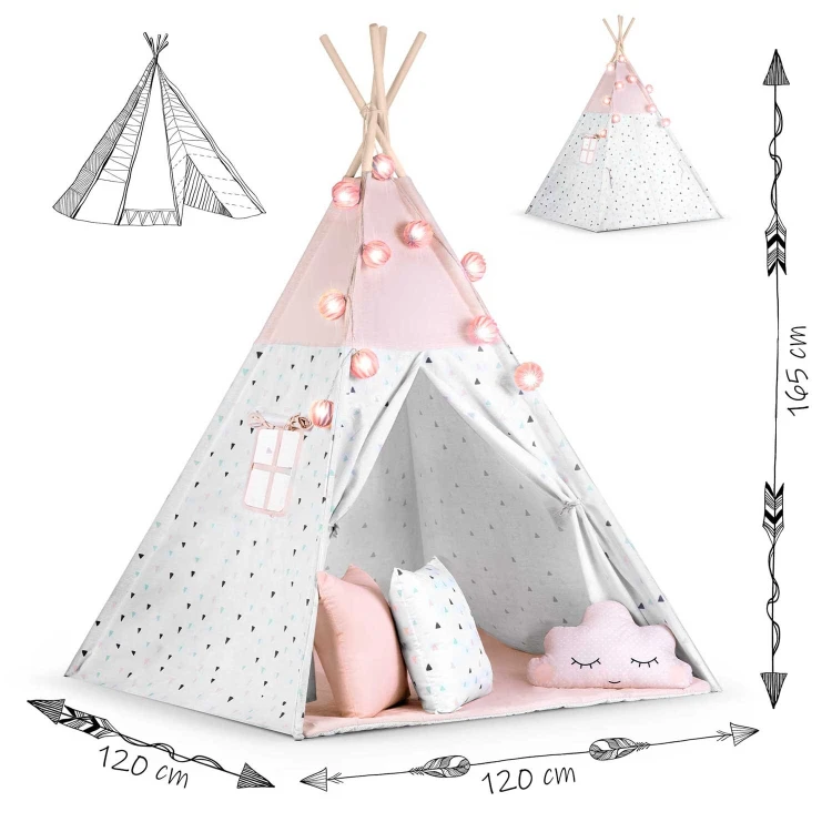 Indiański Namiot Tipi dla Dzieci Nukido – Bawełniany Wigwam z Matą i Akcesoriami 120 x 120 x 165 cm - różowy