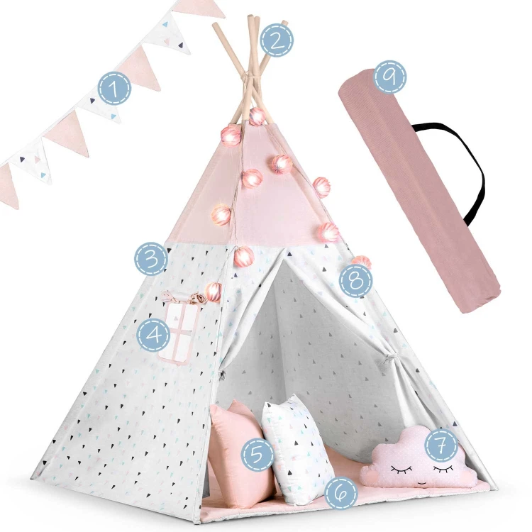 Indiański Namiot Tipi dla Dzieci Nukido – Bawełniany Wigwam z Matą i Akcesoriami 120 x 120 x 165 cm - różowy