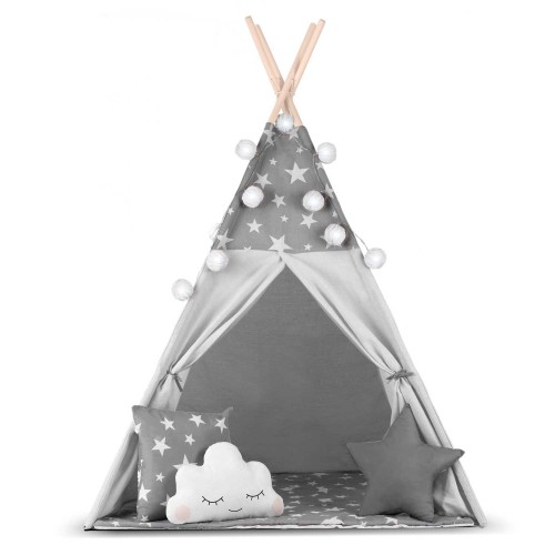 Indiański Namiot Tipi dla Dzieci Nukido – Bawełniany Wigwam z Matą i Akcesoriami 120 x 120 x 165 cm - szary w gwiazdki