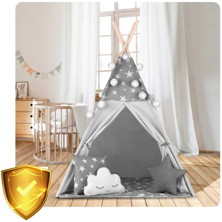 Indiański Namiot Tipi dla Dzieci Nukido – Bawełniany Wigwam z Matą i Akcesoriami 120 x 120 x 165 cm - szary w gwiazdki