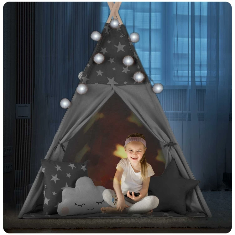Indiański Namiot Tipi dla Dzieci Nukido – Bawełniany Wigwam z Matą i Akcesoriami 120 x 120 x 165 cm - szary w gwiazdki