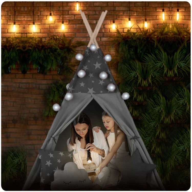 Indiański Namiot Tipi dla Dzieci Nukido – Bawełniany Wigwam z Matą i Akcesoriami 120 x 120 x 165 cm - szary w gwiazdki
