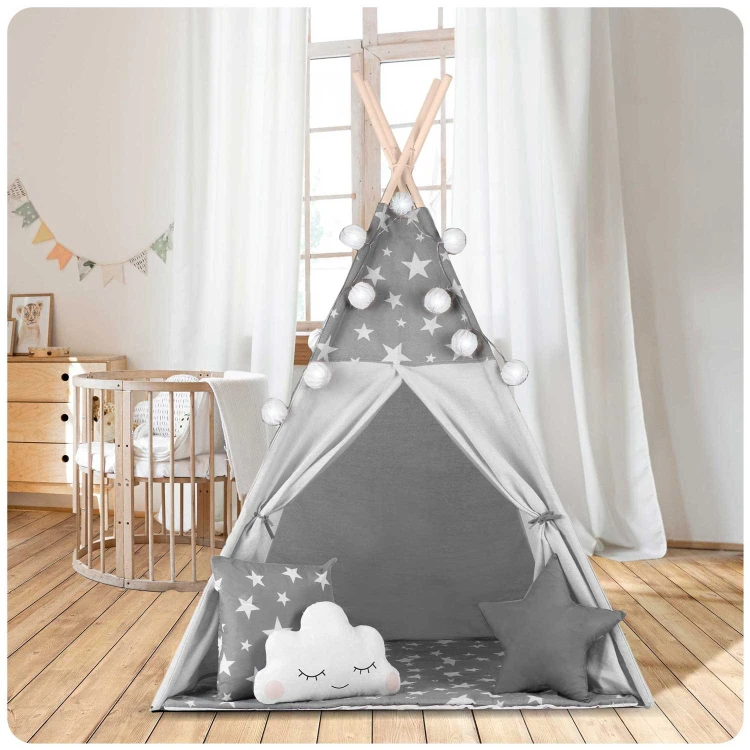 Indiański Namiot Tipi dla Dzieci Nukido – Bawełniany Wigwam z Matą i Akcesoriami 120 x 120 x 165 cm - szary w gwiazdki