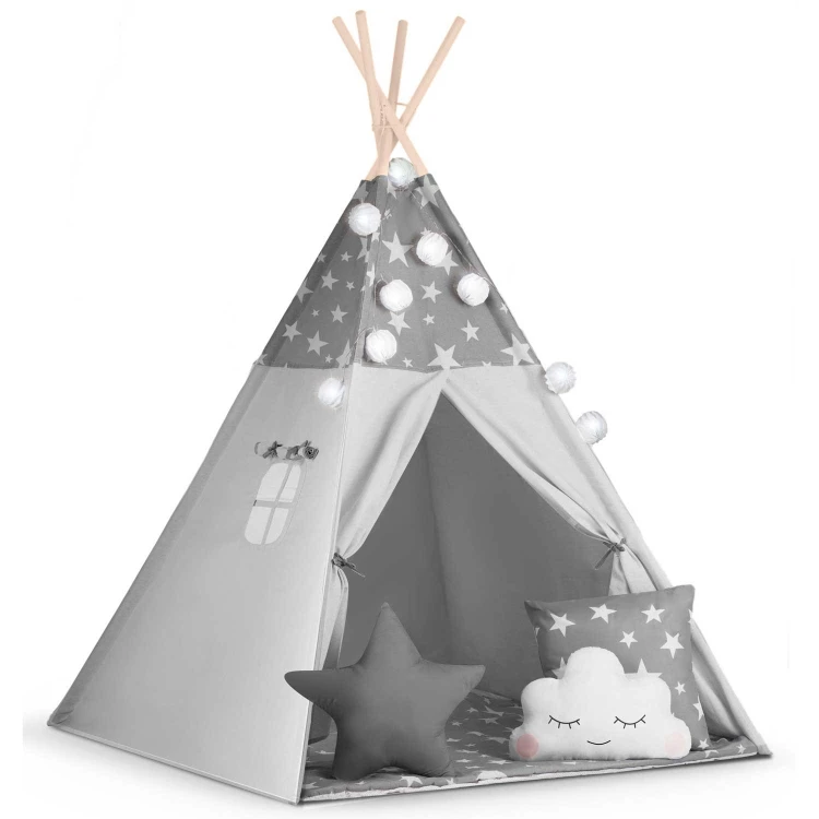 Indiański Namiot Tipi dla Dzieci Nukido – Bawełniany Wigwam z Matą i Akcesoriami 120 x 120 x 165 cm - szary w gwiazdki