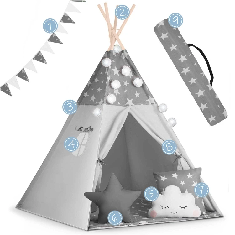 Indiański Namiot Tipi dla Dzieci Nukido – Bawełniany Wigwam z Matą i Akcesoriami 120 x 120 x 165 cm - szary w gwiazdki