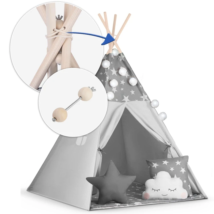 Indiański Namiot Tipi dla Dzieci Nukido – Bawełniany Wigwam z Matą i Akcesoriami 120 x 120 x 165 cm - szary w gwiazdki