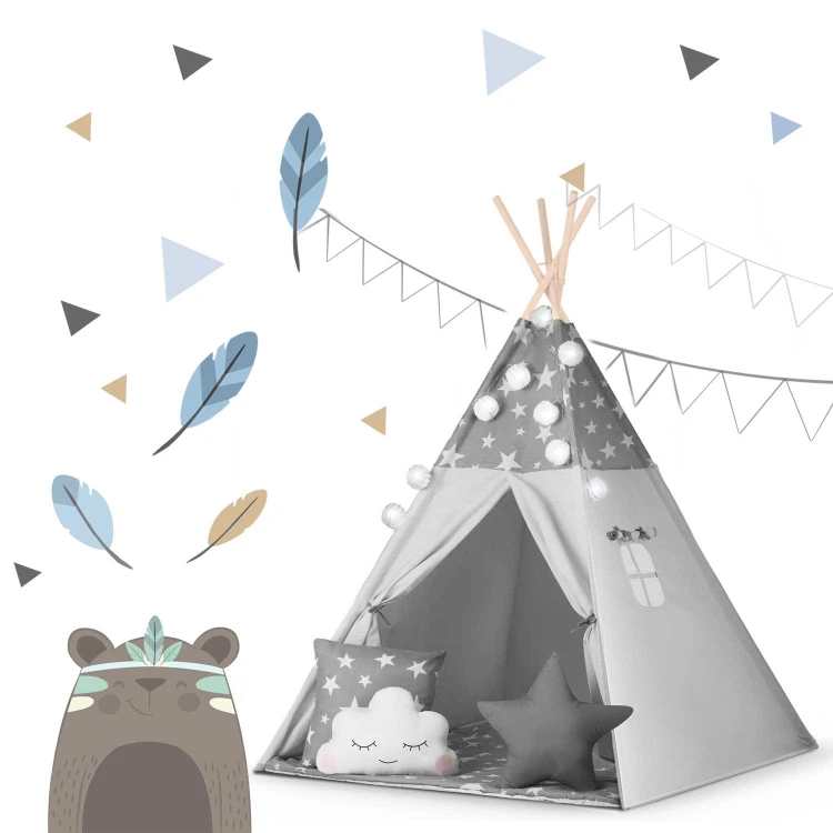 Indiański Namiot Tipi dla Dzieci Nukido – Bawełniany Wigwam z Matą i Akcesoriami 120 x 120 x 165 cm - szary w gwiazdki