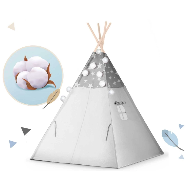 Indiański Namiot Tipi dla Dzieci Nukido – Bawełniany Wigwam z Matą i Akcesoriami 120 x 120 x 165 cm - szary w gwiazdki