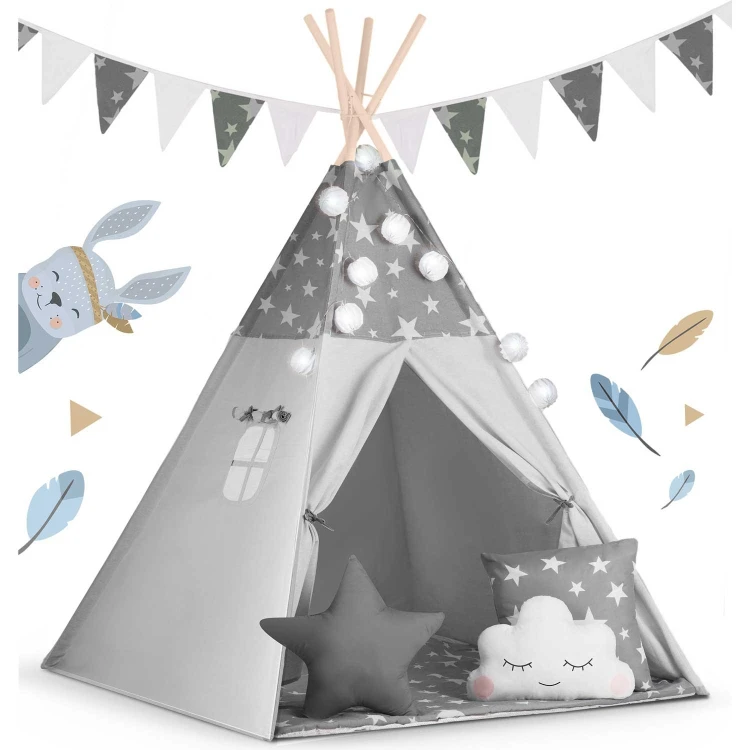 Indiański Namiot Tipi dla Dzieci Nukido – Bawełniany Wigwam z Matą i Akcesoriami 120 x 120 x 165 cm - szary w gwiazdki