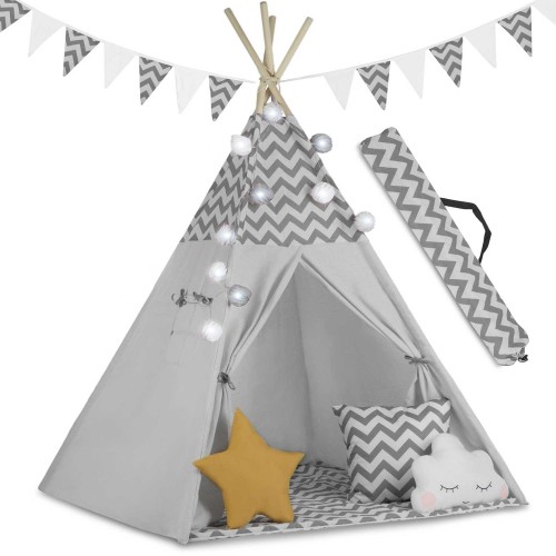 Indiański Namiot Tipi dla Dzieci – Bawełniany Wigwam z Matą i Akcesoriami 120 x 120 x 165 cm - szary