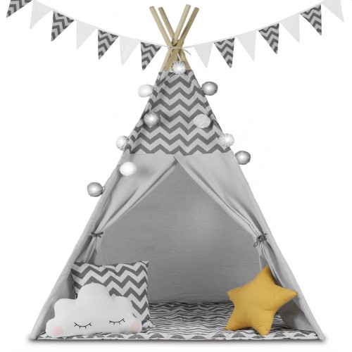 Indiański Namiot Tipi dla Dzieci – Bawełniany Wigwam z Matą i Akcesoriami 120 x 120 x 165 cm - szary