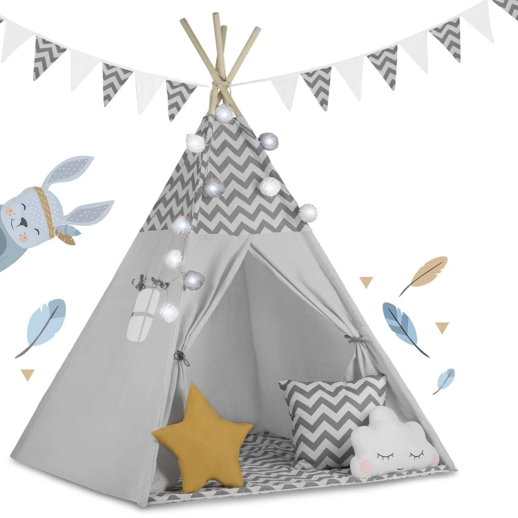 Indiański Namiot Tipi dla Dzieci – Bawełniany Wigwam z Matą i Akcesoriami 120 x 120 x 165 cm - szary
