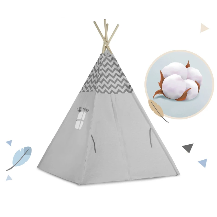 Indiański Namiot Tipi dla Dzieci – Bawełniany Wigwam z Matą i Akcesoriami 120 x 120 x 165 cm - szary